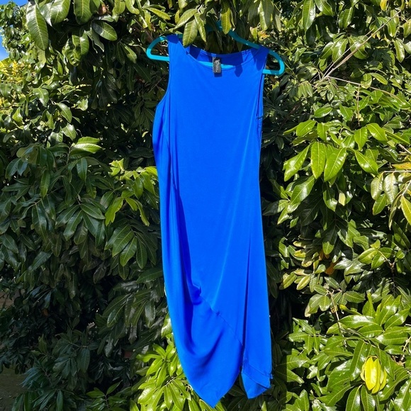 Zero + Maria Cornejo blue silk spandex blend draped asymmetrical hem midi dresss